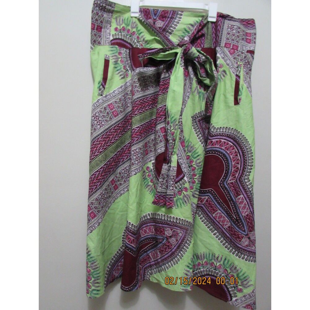 RAINBOW WOMEN'S BOHO WRAP SKIRT MAXI COTTON LIME GREEN PURPLE SIDE POCKETS BEACH